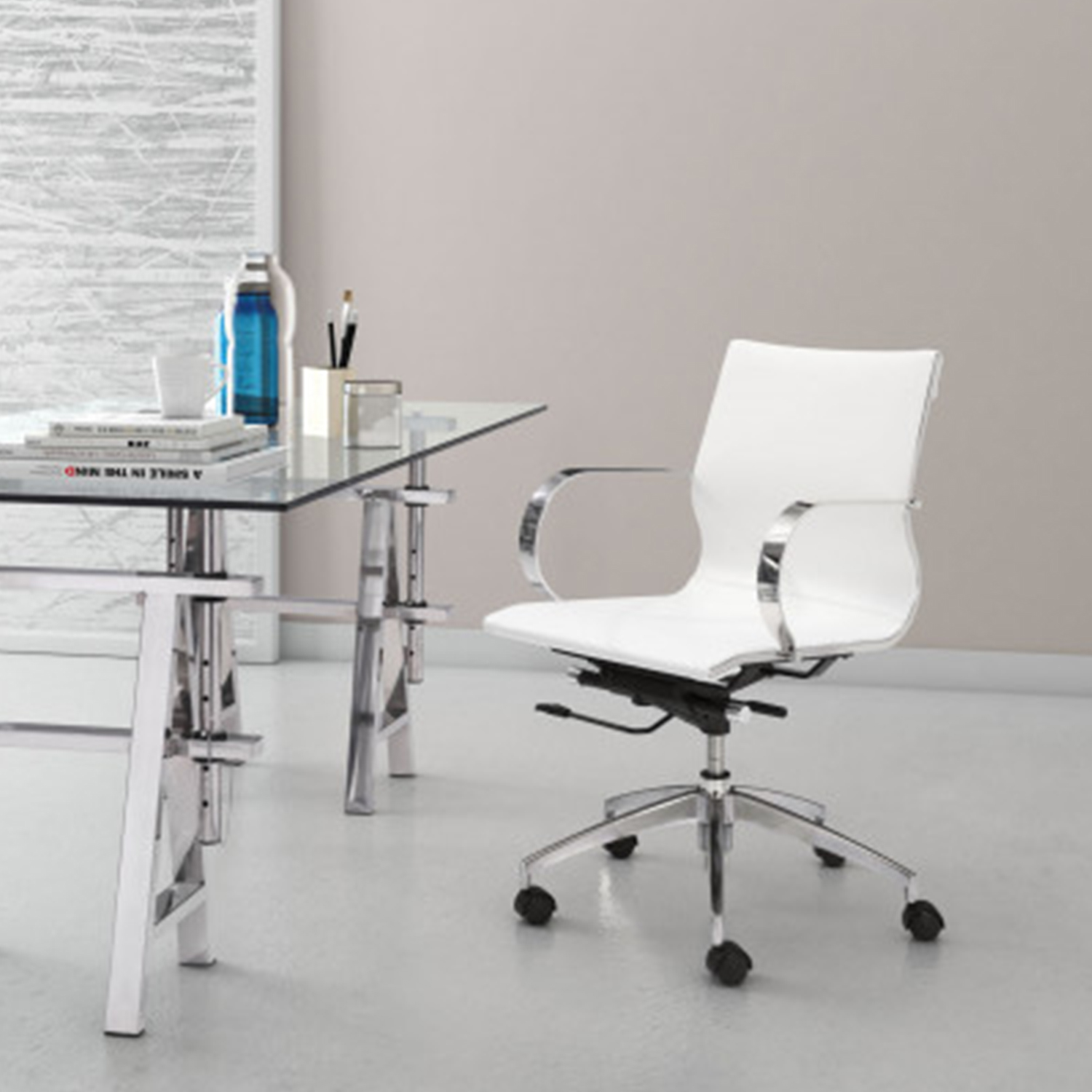 27.6" X 27.6" X 36" White Leatherette Low Back Office Chair
