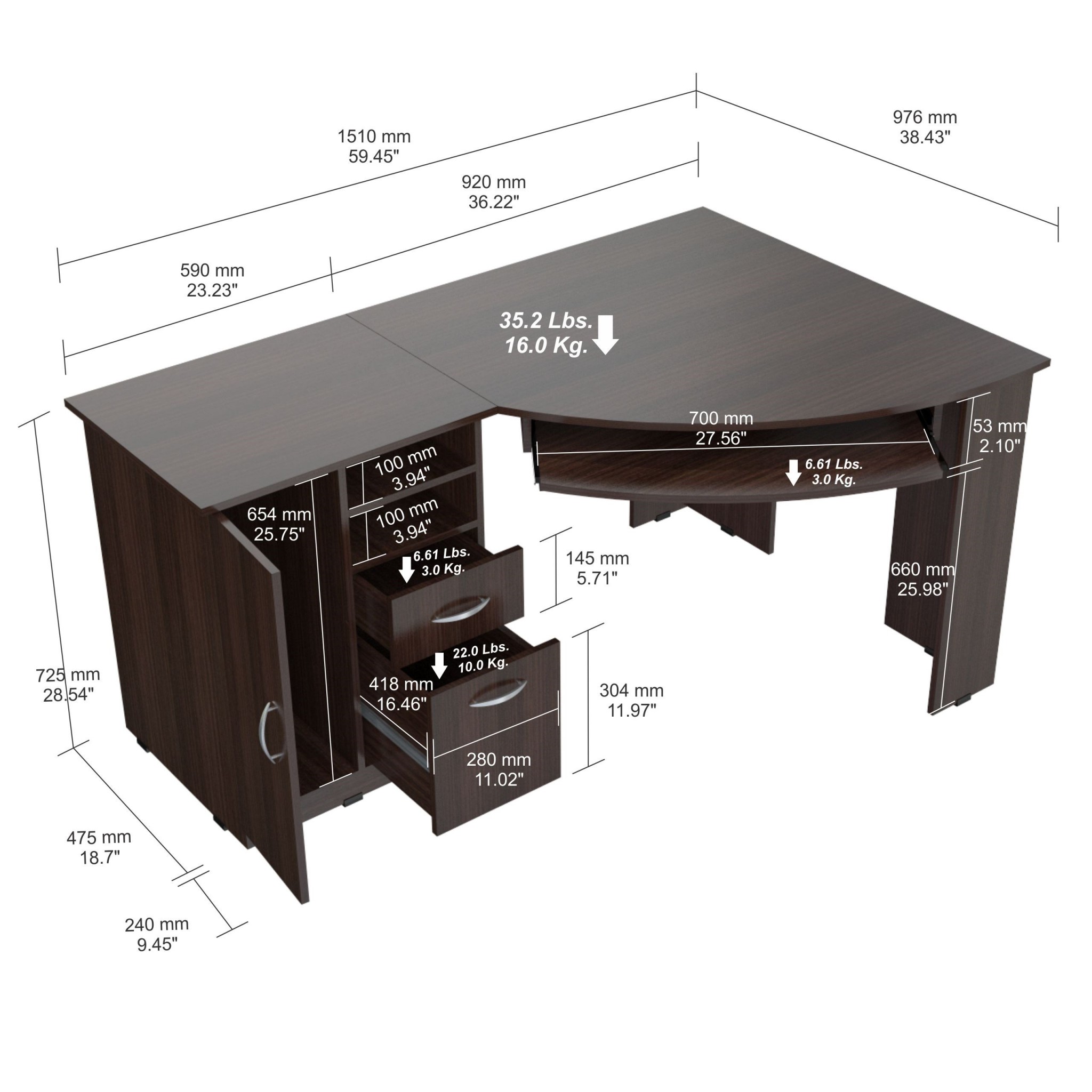 29.5" Espresso Melamine and Engineered Wood L Shaped Computer Work Center