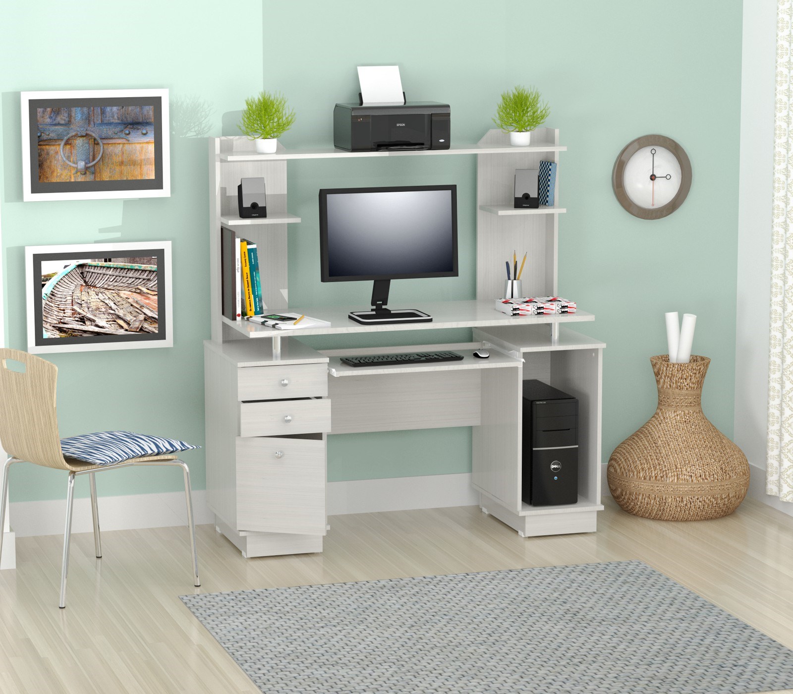 53.4" White Melamine and Engineered Wood Computer Desk with Hutch