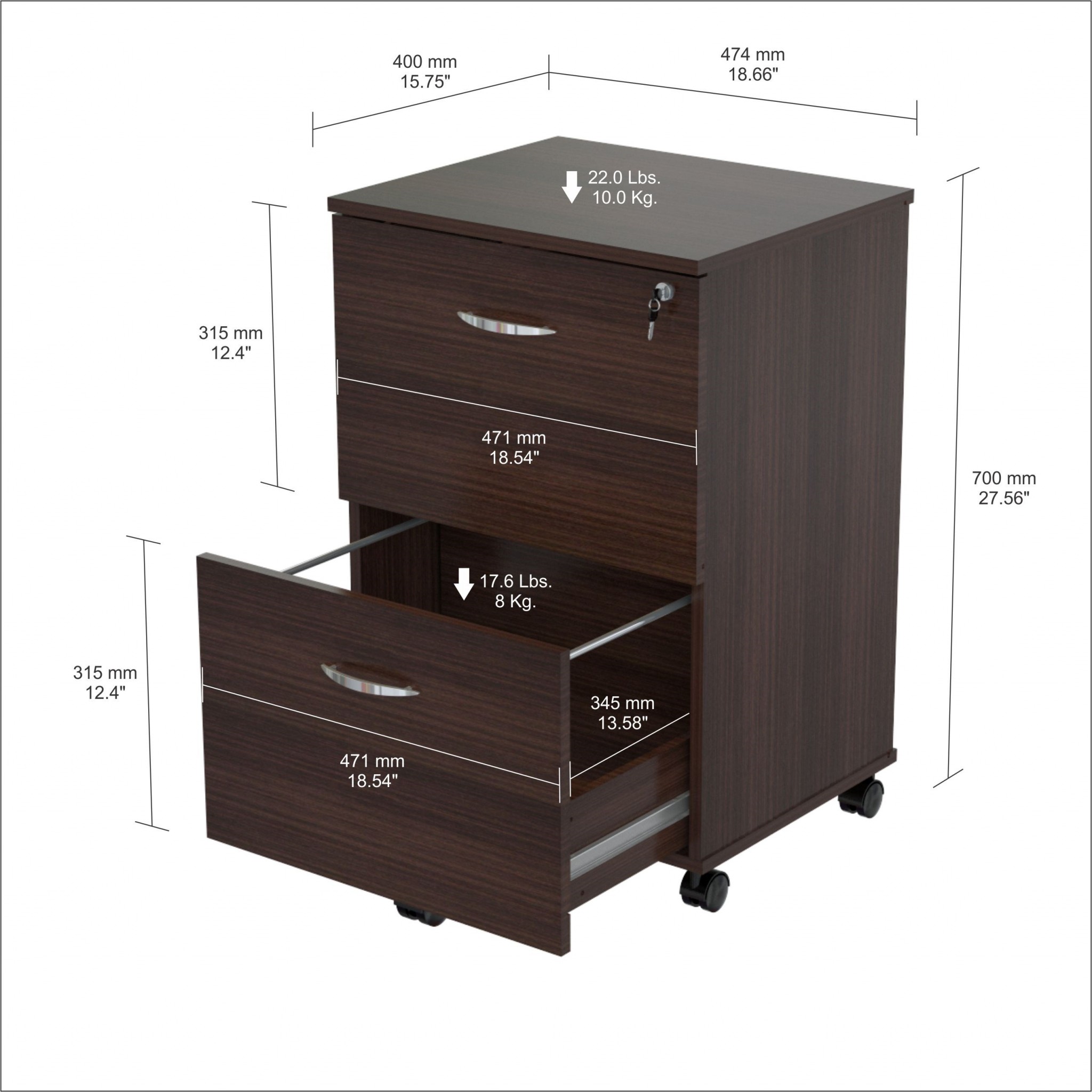 27.6" Espresso Melamine and Engineered Wood File Cabinet with Two Drawers