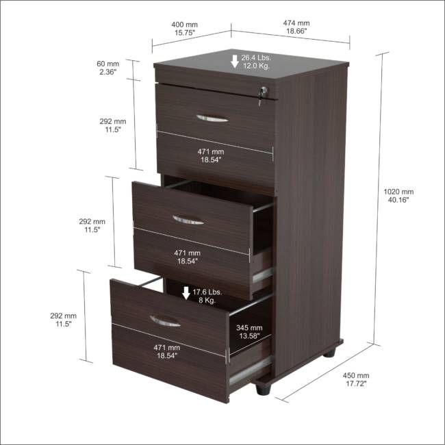 40.2" Espresso Melamine and Engineered Wood File Cabinet with 3 Drawers