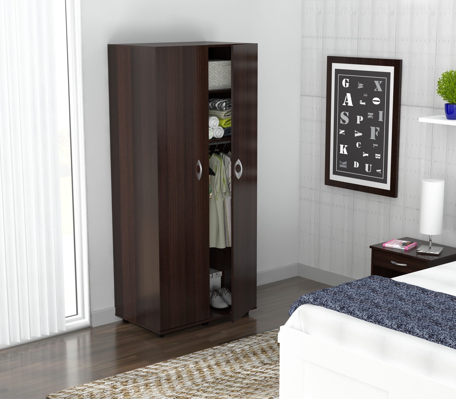 70.9" Espresso Melamine and Engineered Wood Wardrobe with 2 Doors