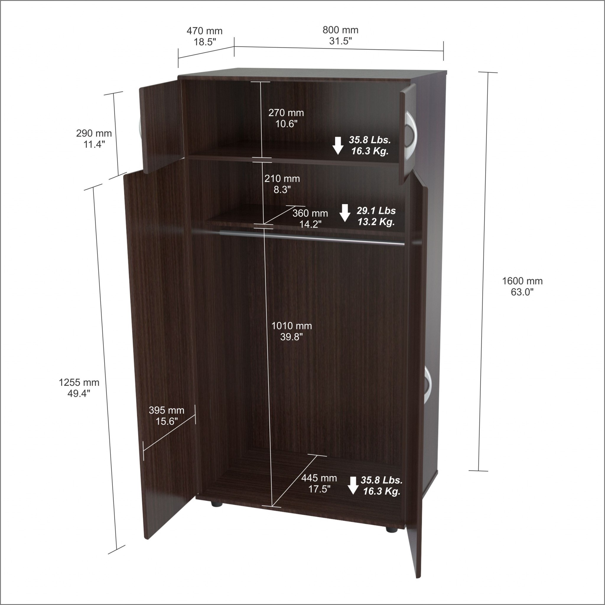 63" Espresso Melamine and Engineered Wood Wardrobe with 4 Doors