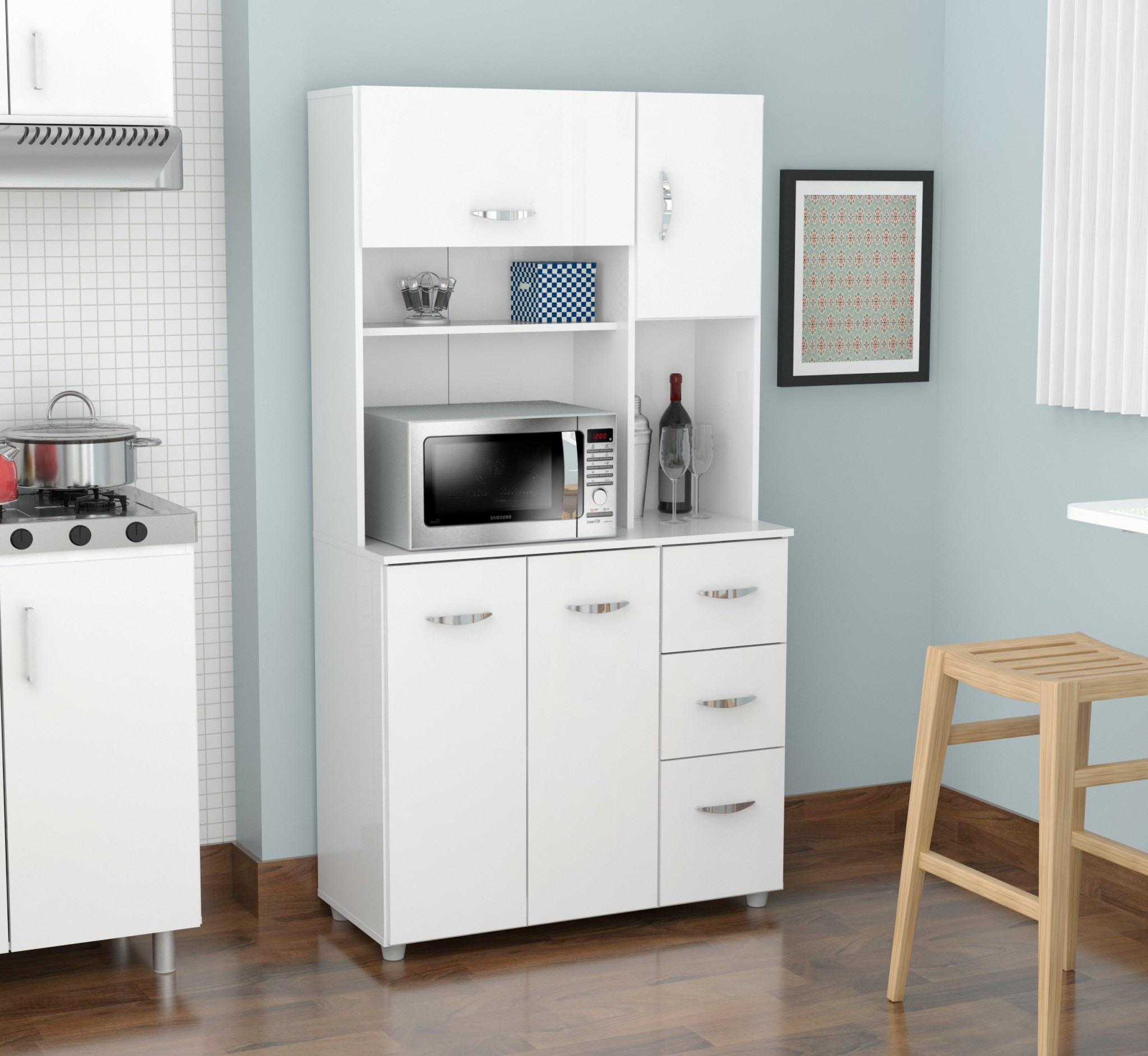 66.1" Contemporary White Melamine and Engineered Wood Kitchen Storage Cabinet