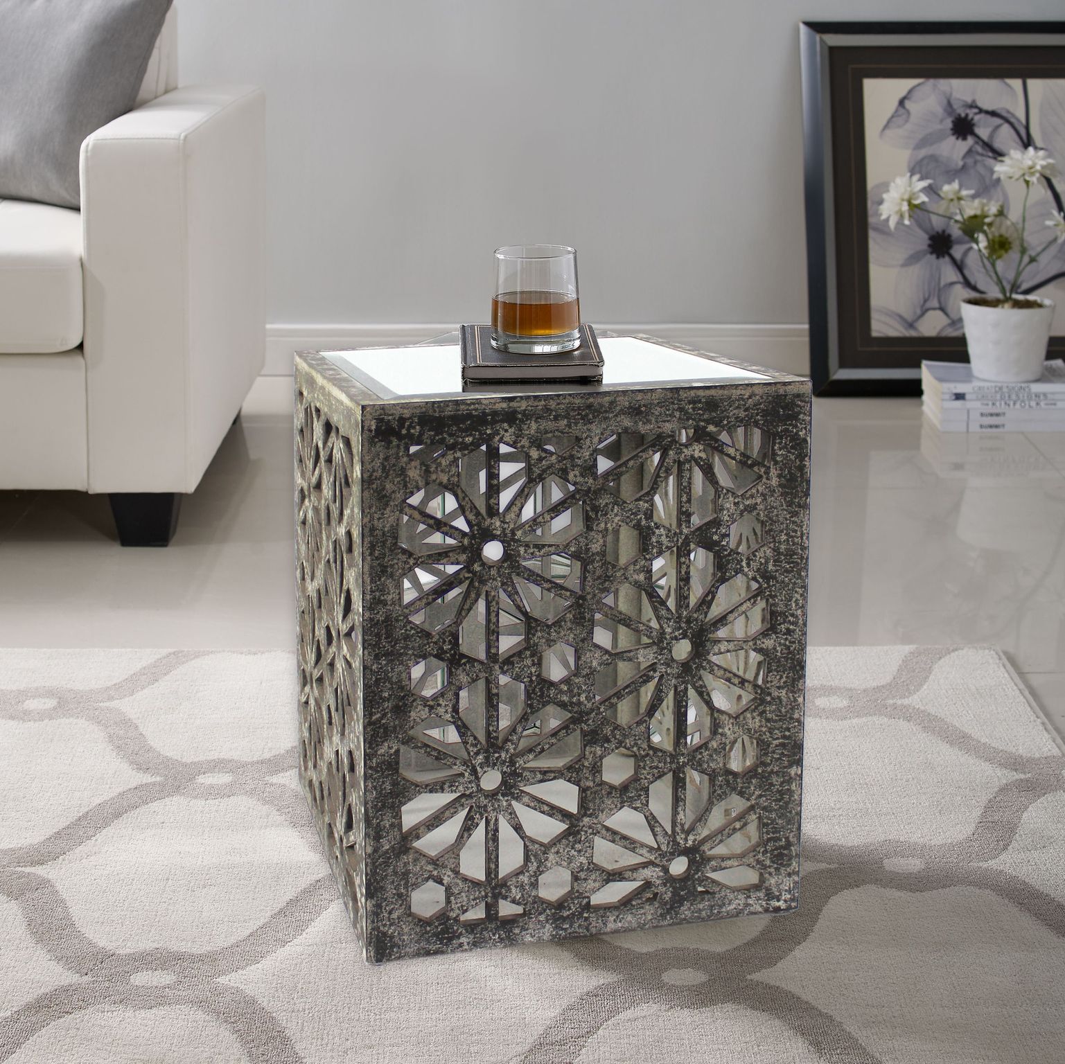 Gray Floral Wood and Mirror - End Side Table