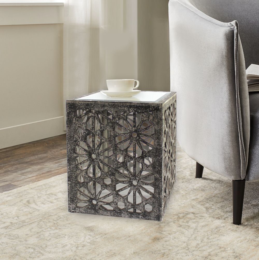 Gray Floral Wood and Mirror - End Side Table