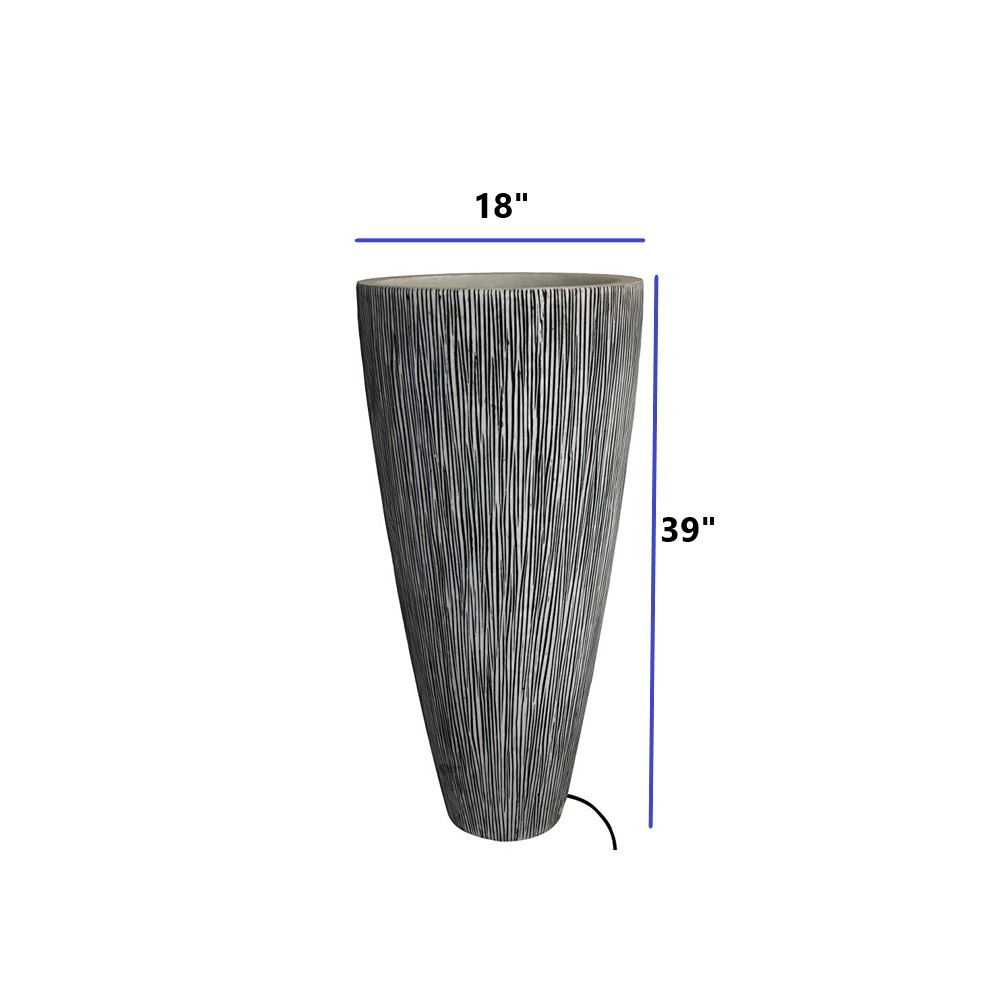 1" x 18" x 39" Gray Sandstone Ribbed Long Conical Planter With Light