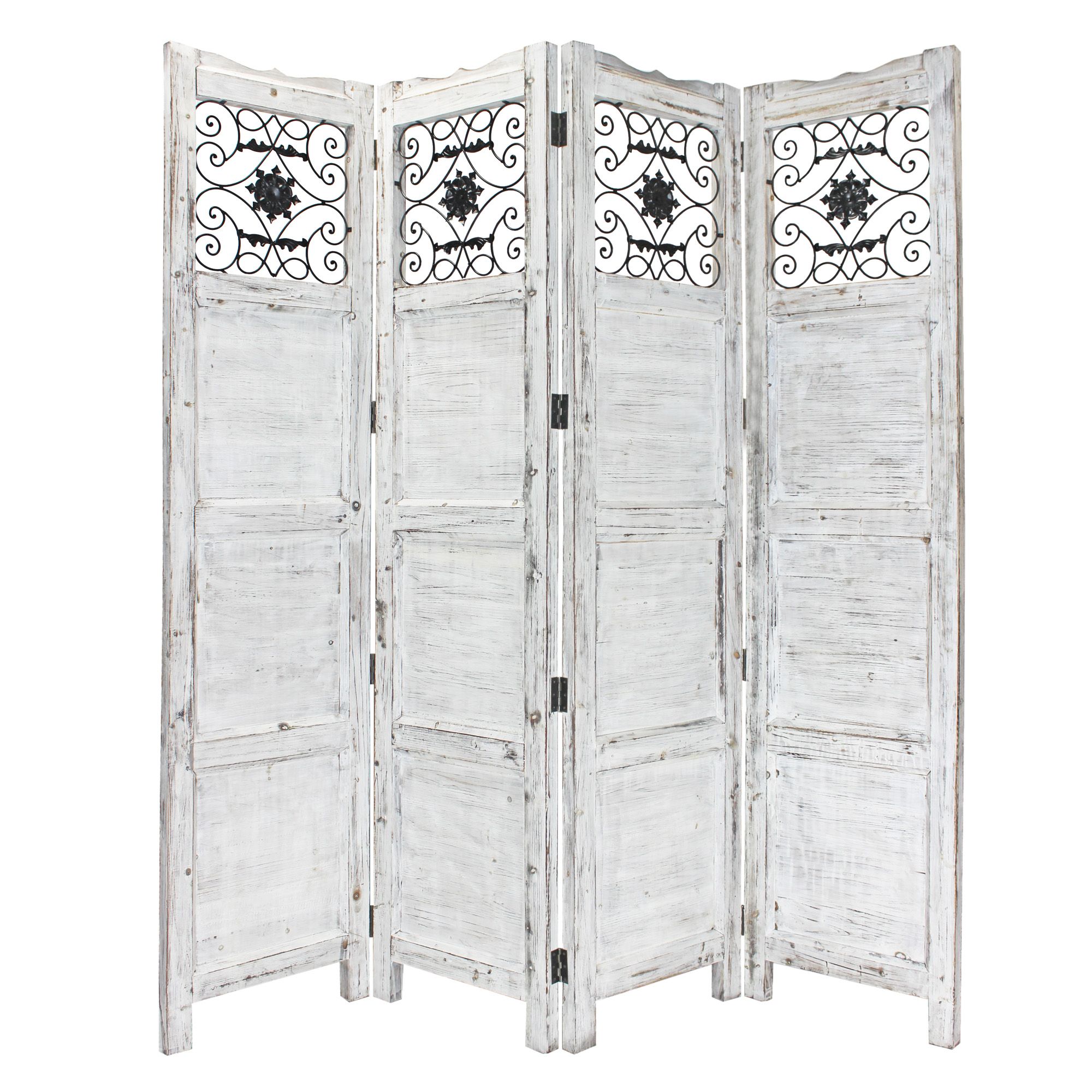 Gray Wash 4 Panel With Scroll Work Room Divider Screen-274888-1