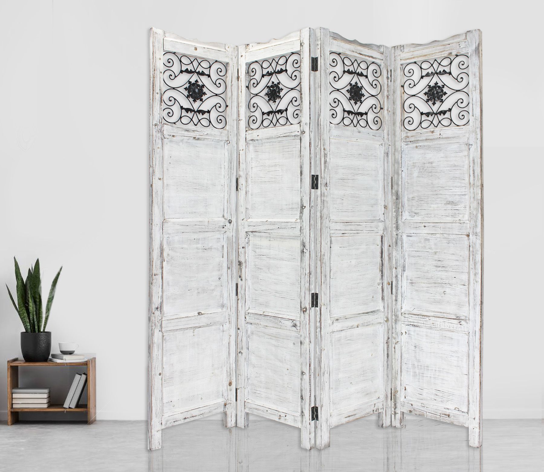 Gray Wash 4 Panel with Scroll Work Room Divider Screen