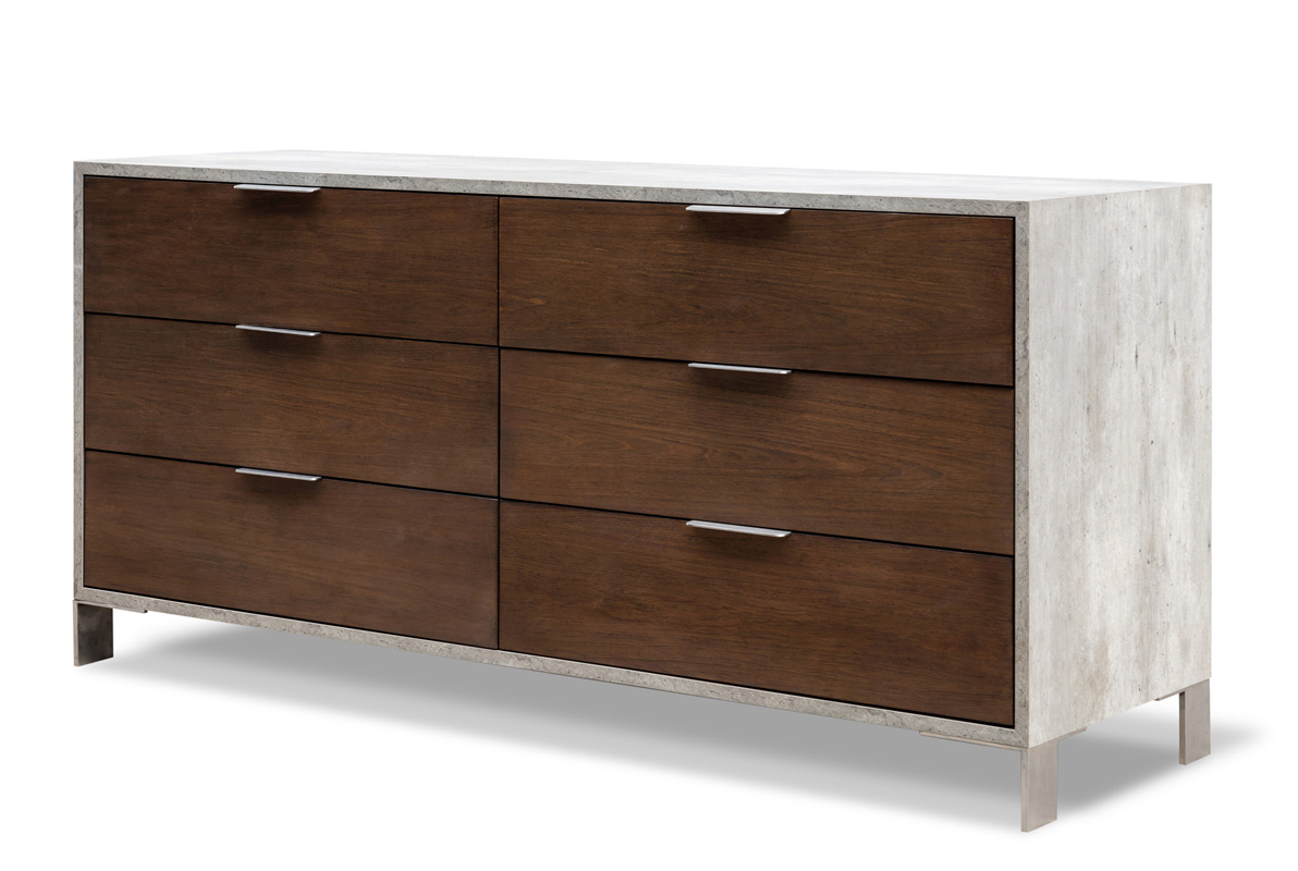 30" Dark Walnut Veneer Steel and Concrete Dresser with 6 Drawers