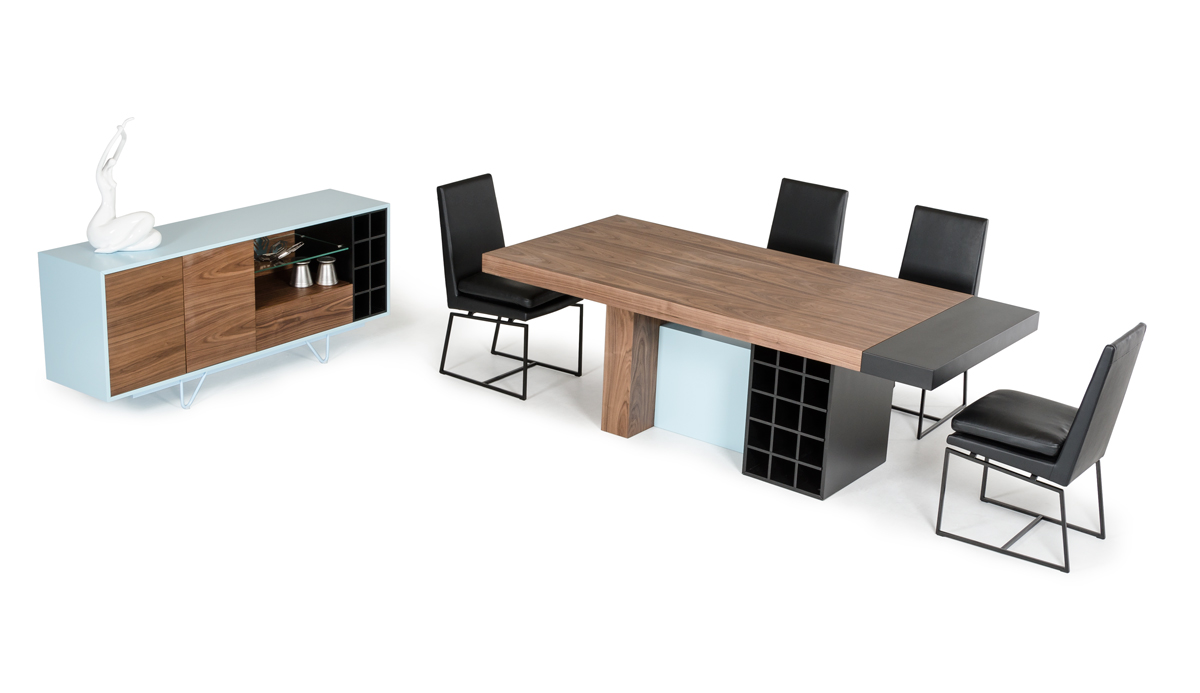 30" Walnut and Teal Wood Veneer and MDF Dining Table
