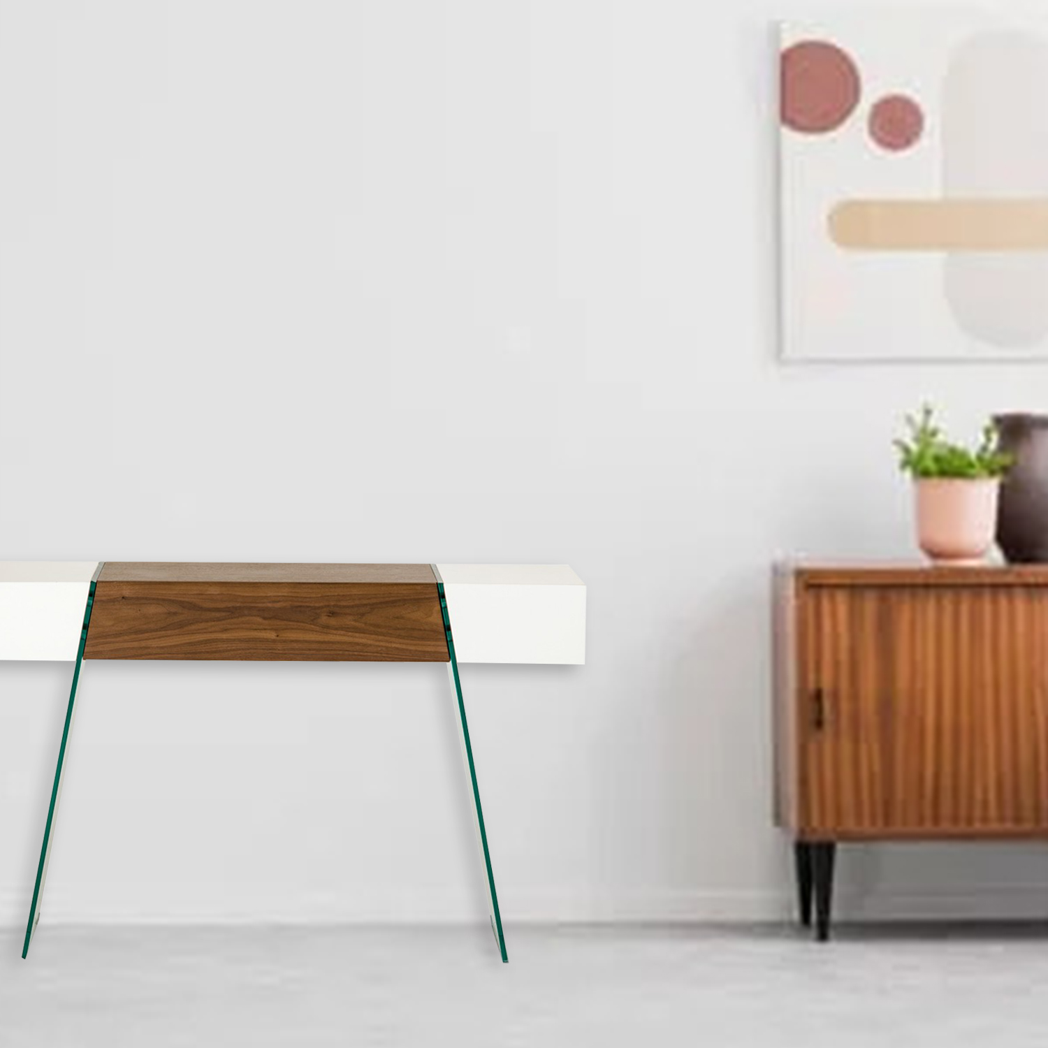 29" White and Walnut Veneer MDF and Glass Floating Console Table