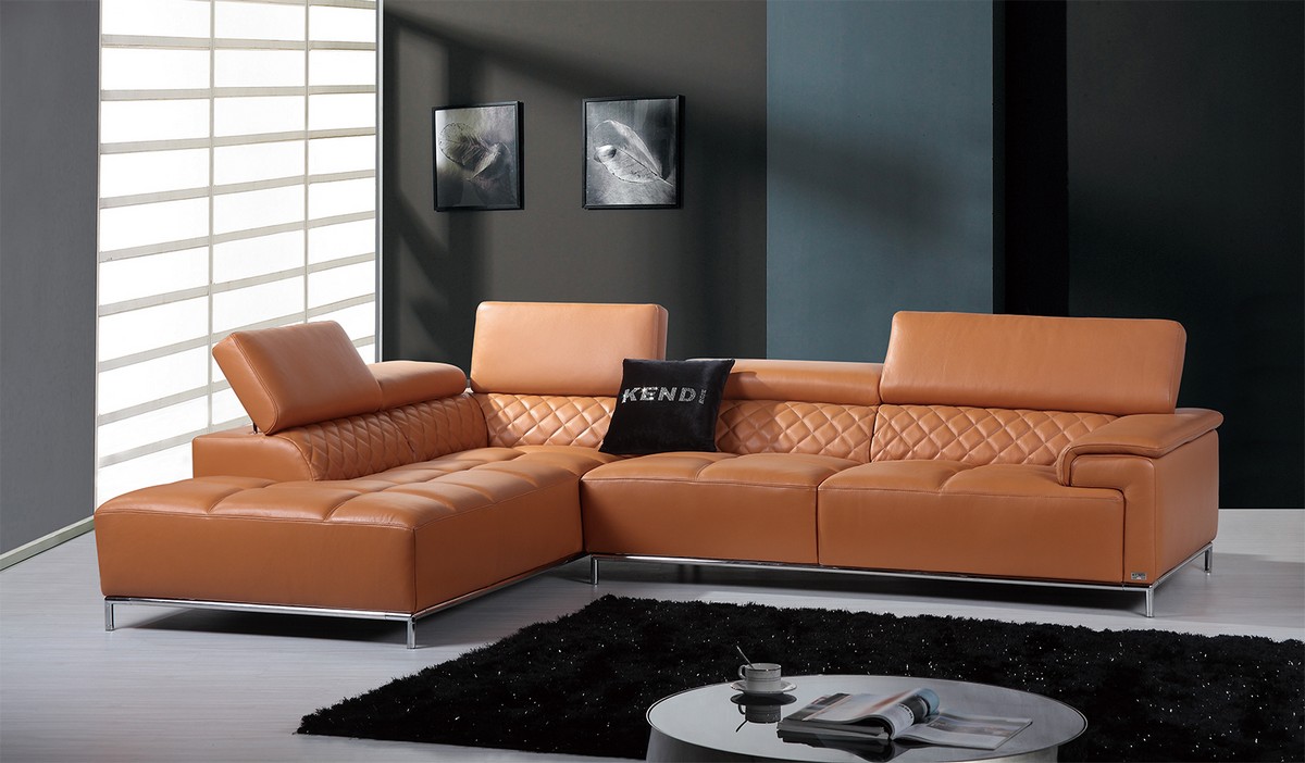 36" Orange Leather Foam Metal and Wood Sectional Sofa