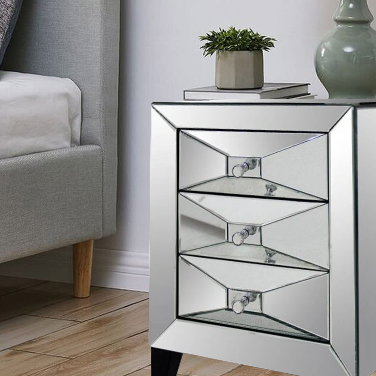 26" Glass and MDF Bedside Table with a Mirror