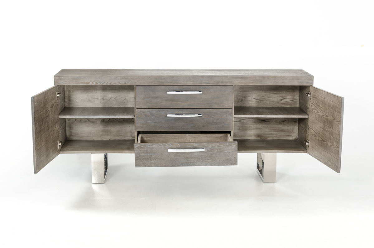 34" Grey Veneer and Steel Buffet with 3 Drawers and 2 Doors