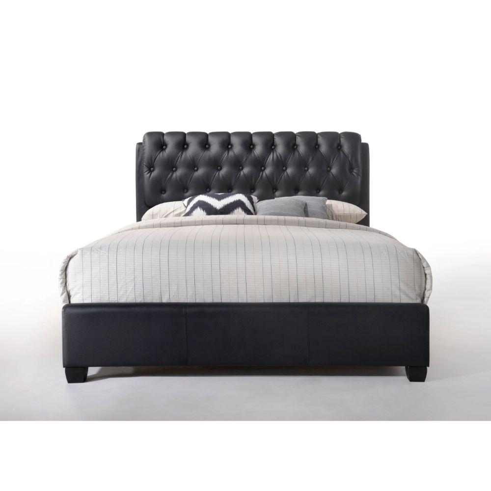 Queen Tufted Black Upholstered Faux Leather Bed With Nailhead Trim-285218-1