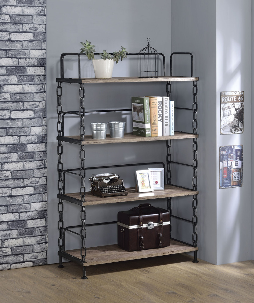 36" X 16" X 59" Rustic Oak And Antique Black Particle Board Bookshelf