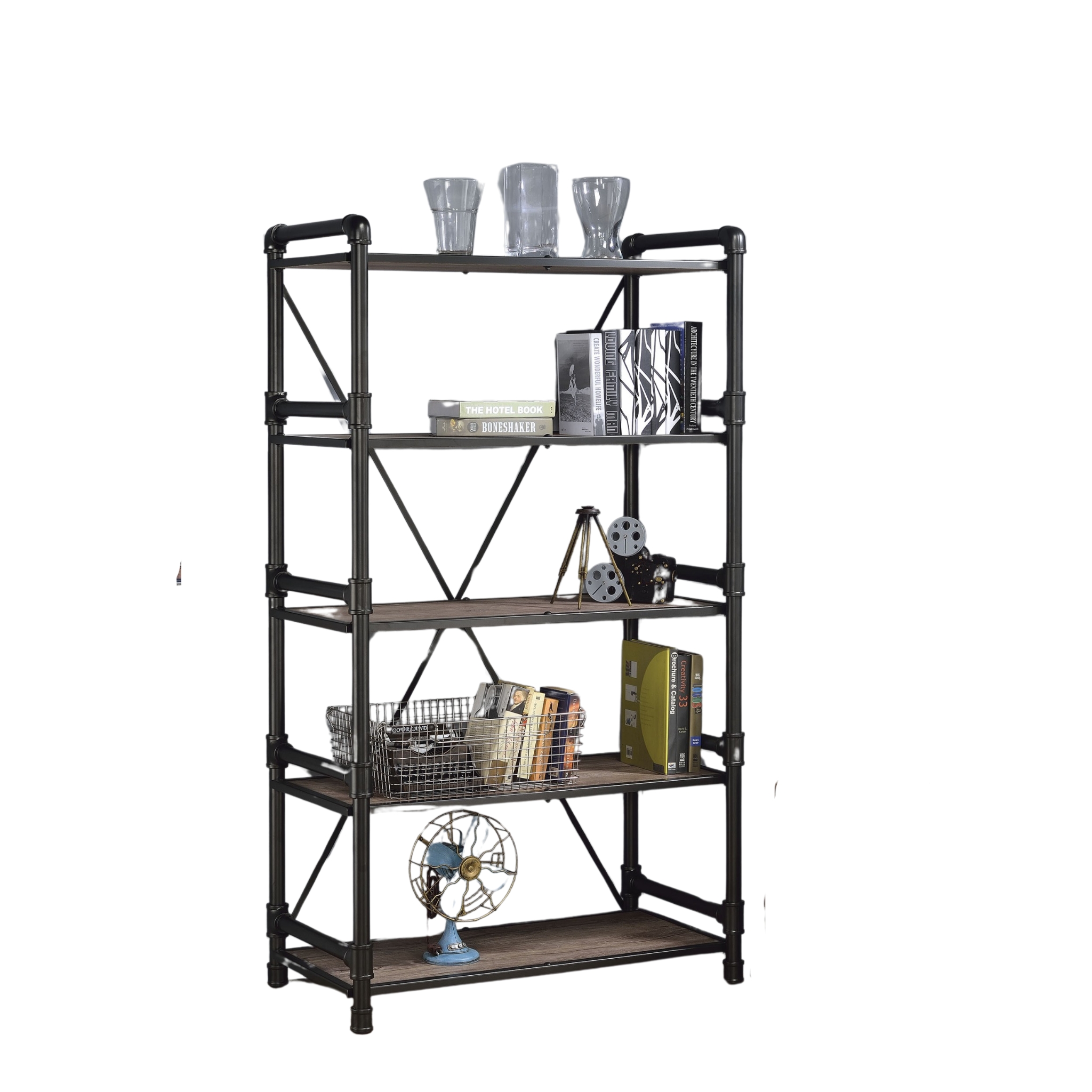 72" Rustic Oak Distressed Metal and Wood Five Tier Etagere Bookcase-285764-2