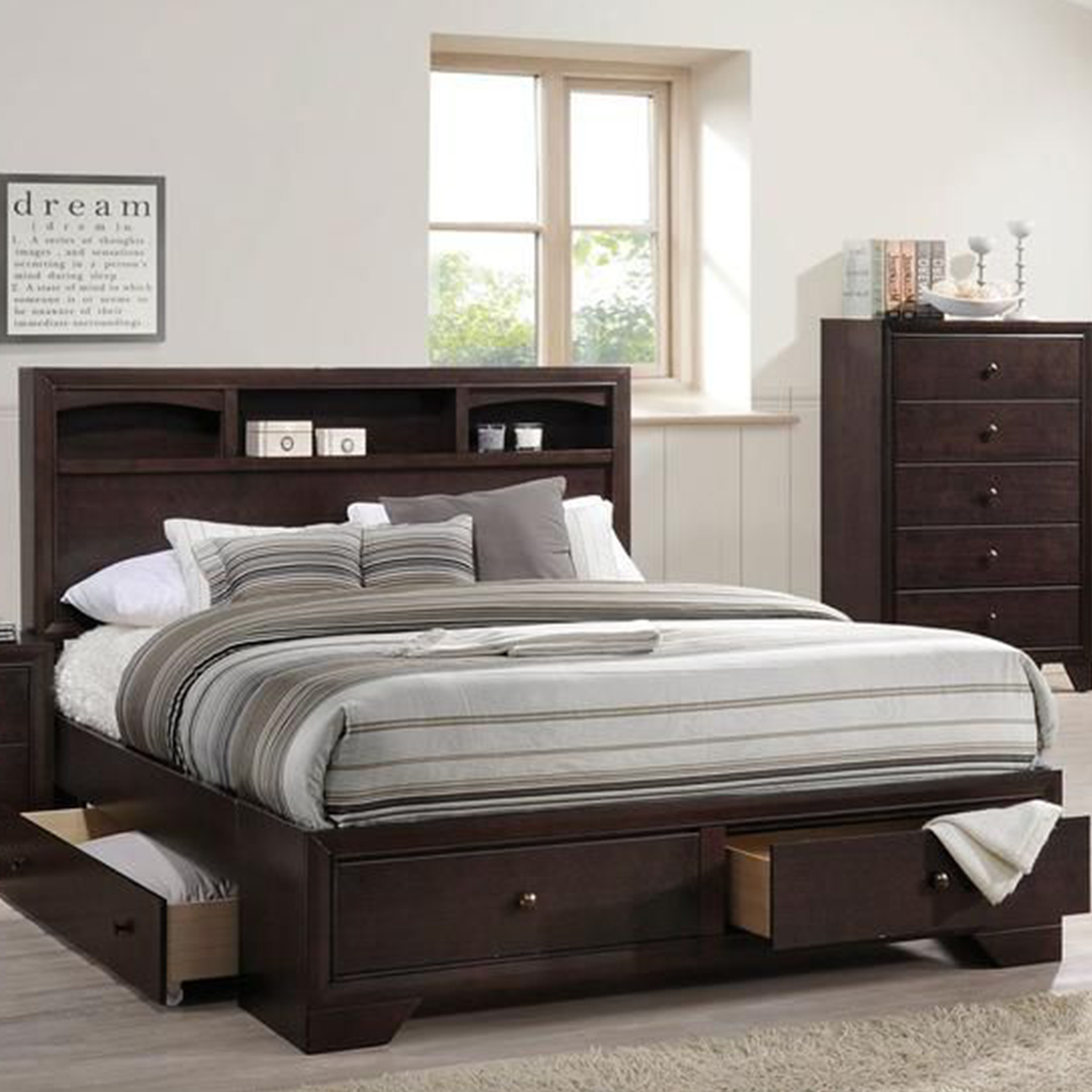 87" X 79" X 48" Espresso Rubber Wood King Bed With Storage