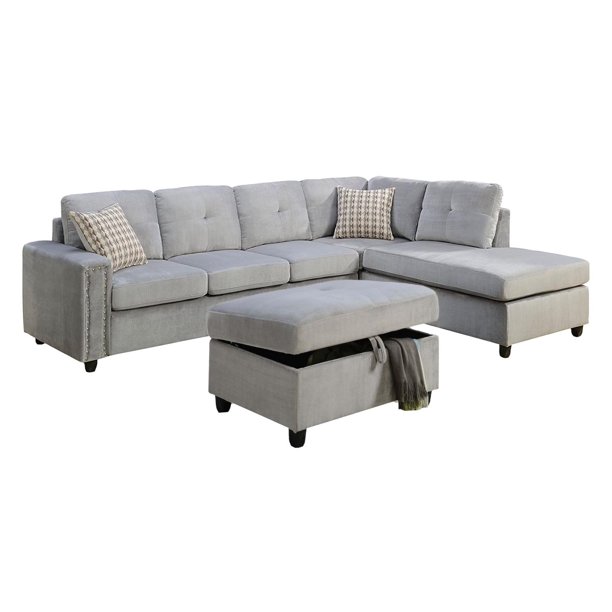 Gray Velvet Stationary L Shaped Sofa And Chaise-285954-1