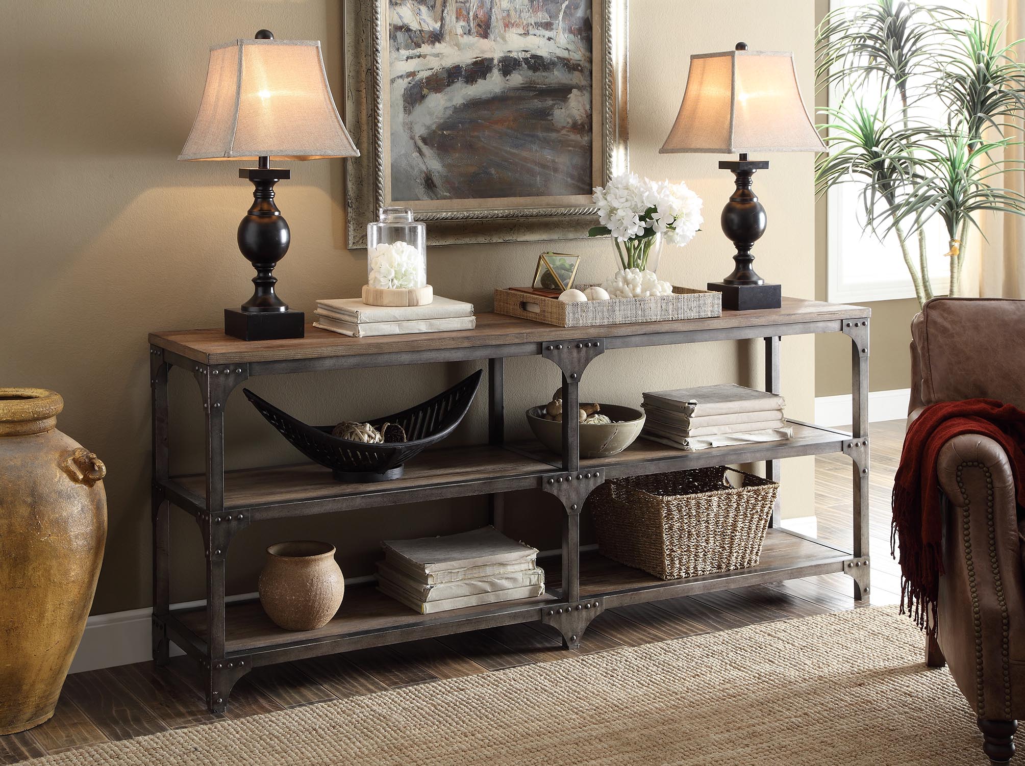 72" X 16" X 30" Weathered Oak And Antique Silver Console Table