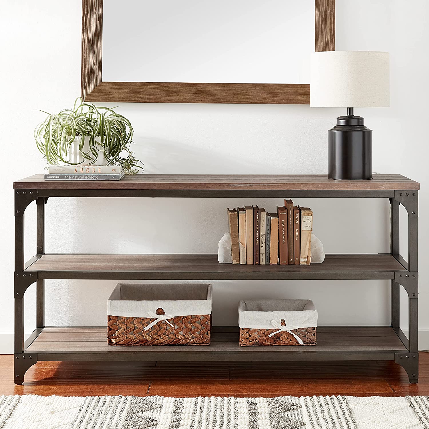 60" X 16" X 30" Weathered Oak And Antique Silver Console Table