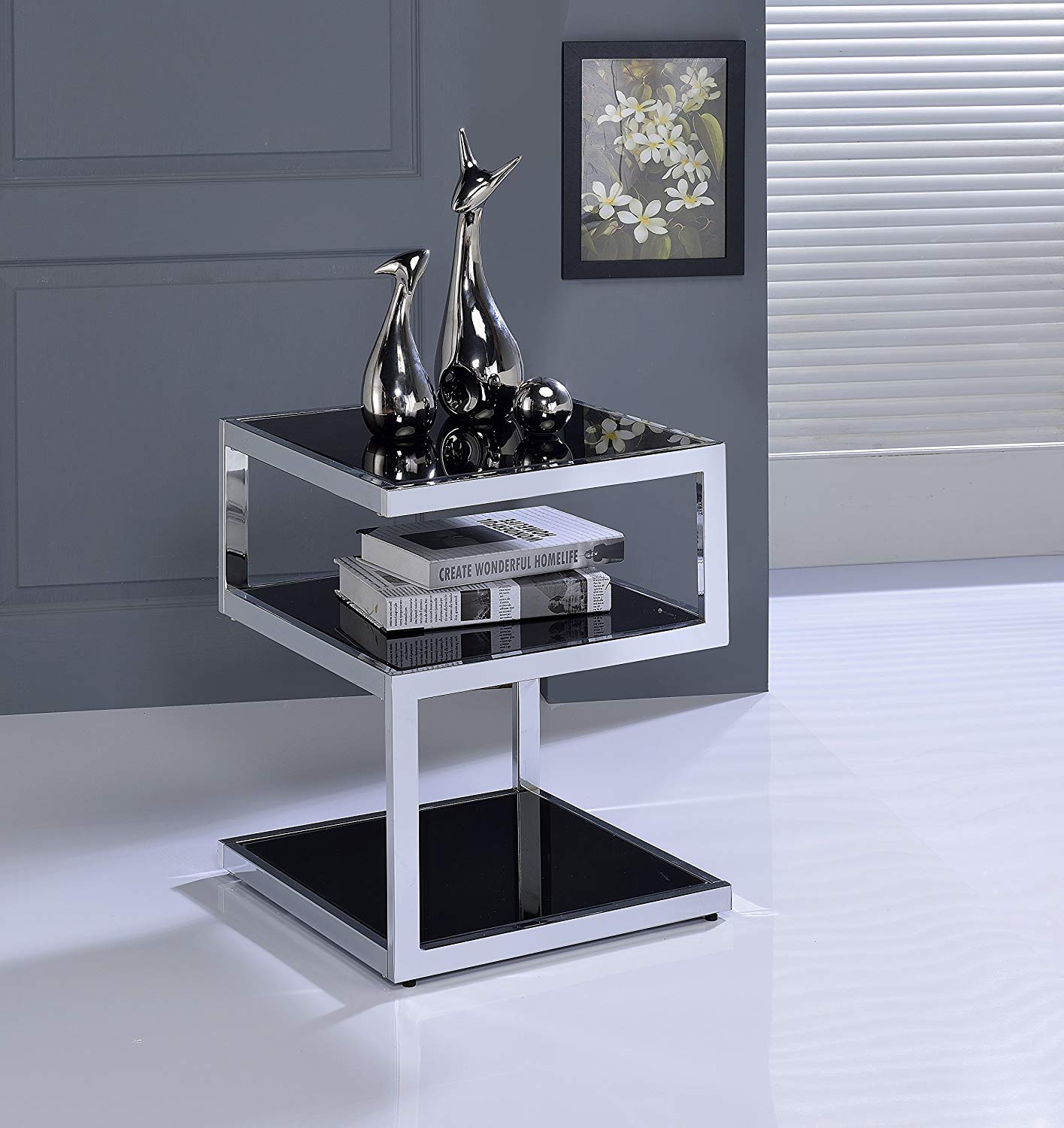 16" X 16" X 21" Black Glass And Chrome Metal Tube End Table