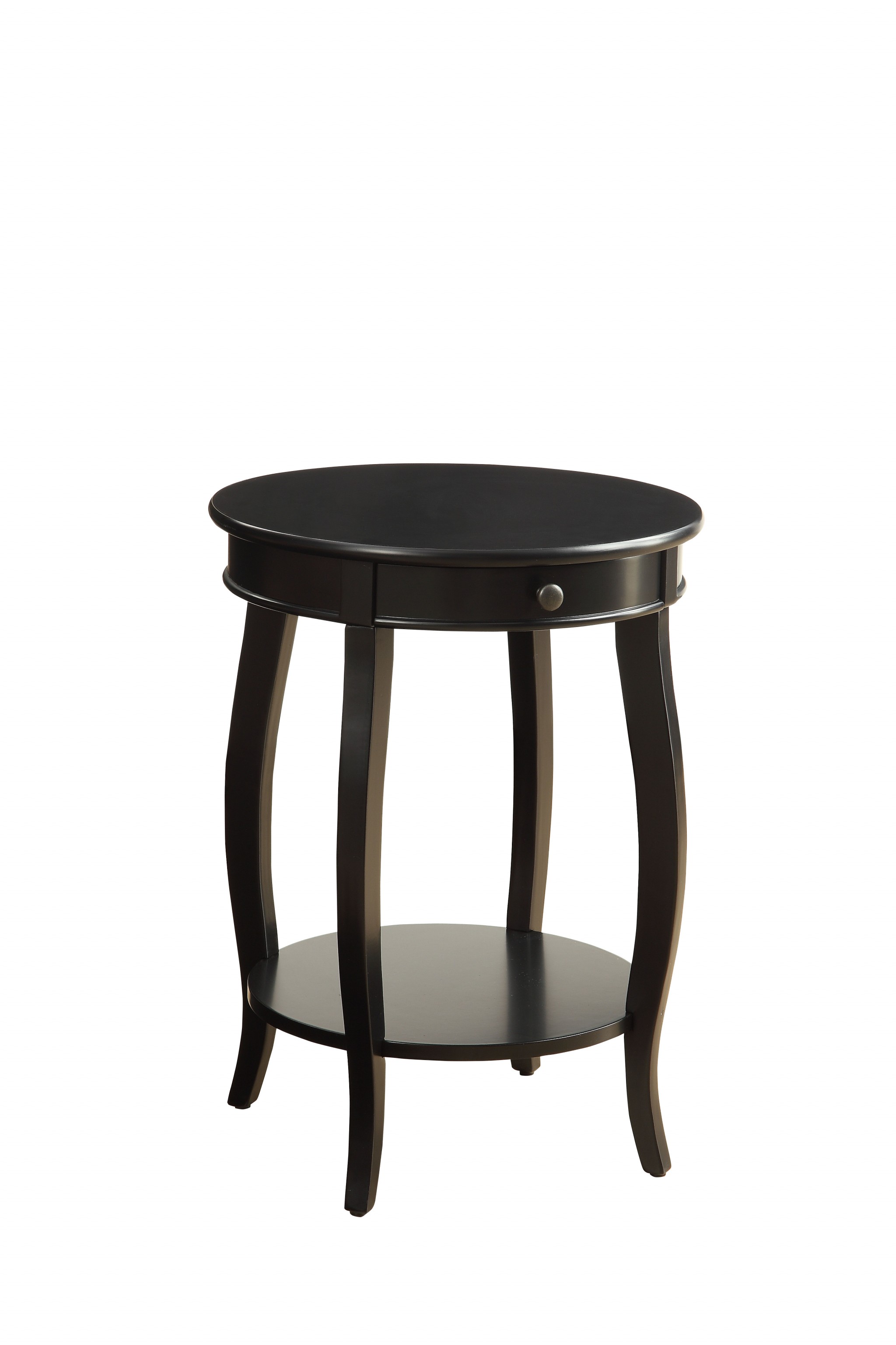 Round Black Wood End Table with Storage and Shelf