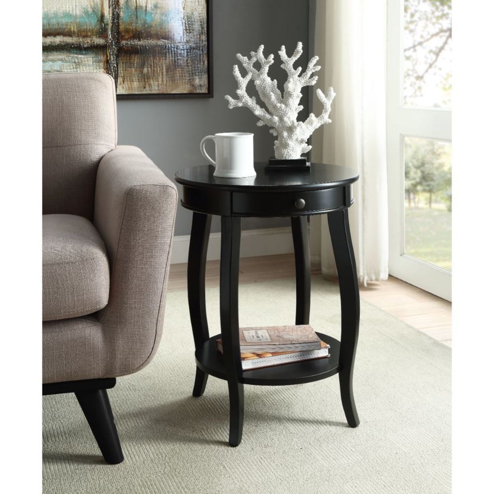 Round Black Wood End Table with Storage and Shelf