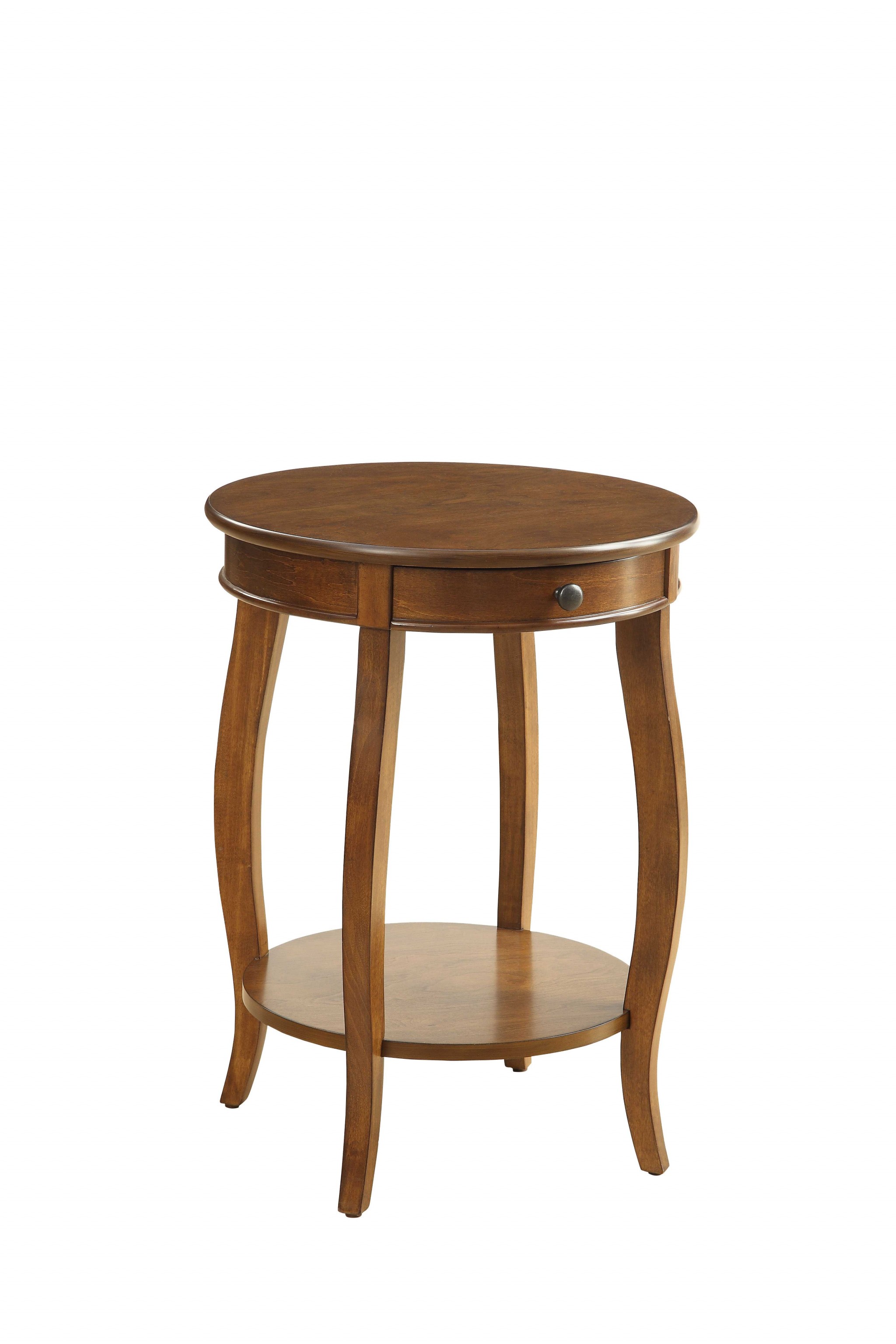 Round Walnut Wood End Table with Storage and Shelf