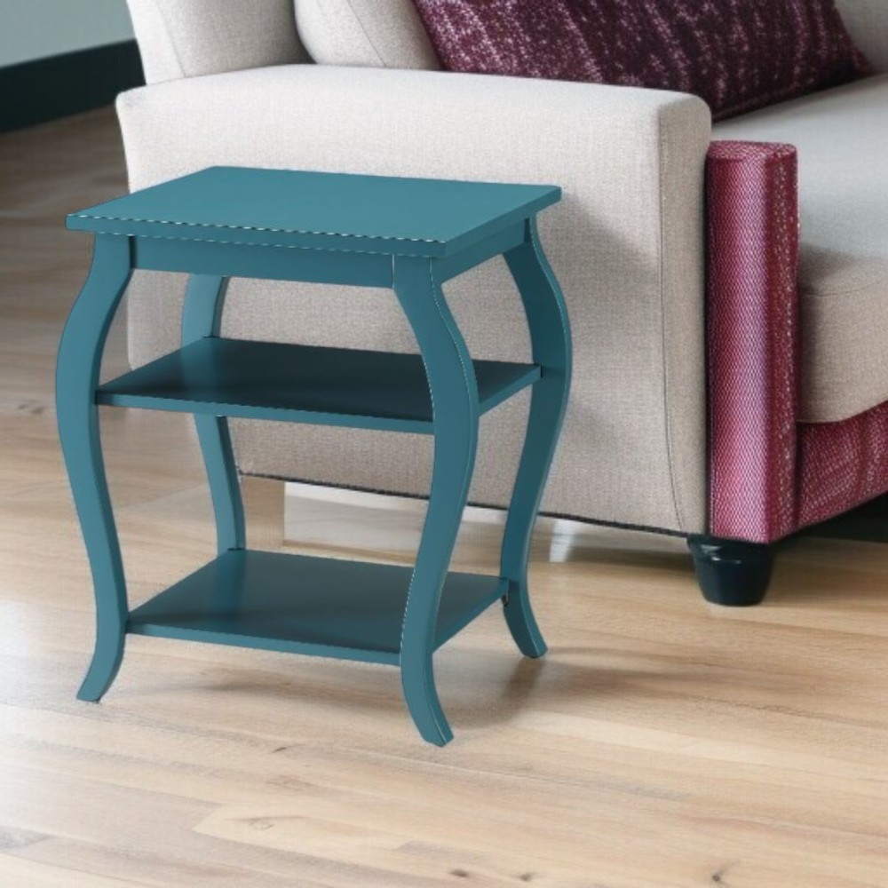 23" Teal Blue Wood Bow Leg End Table With Two Shelves-286312-1