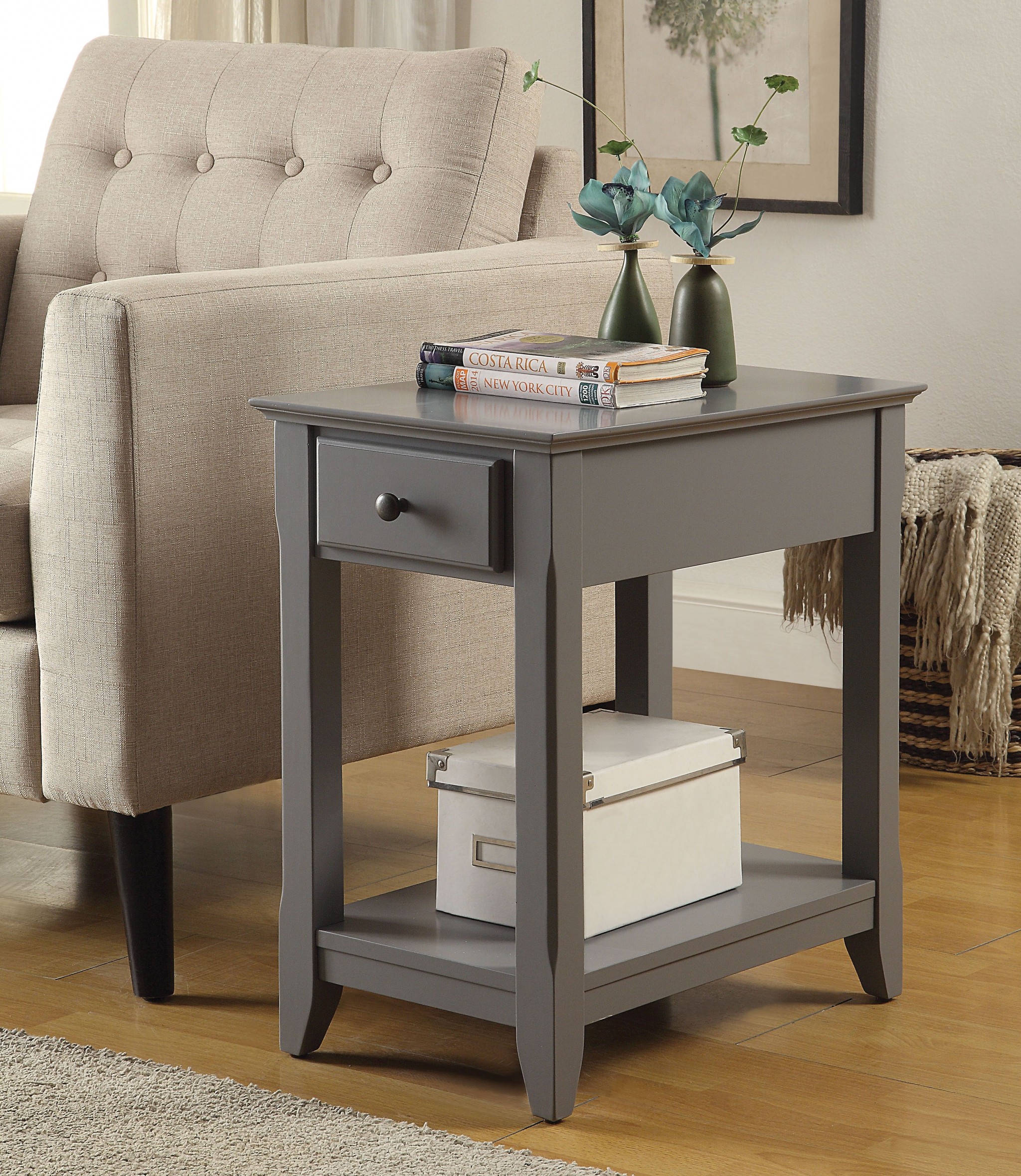 13" X 22" X 23" Gray Wood Veneer Side Table