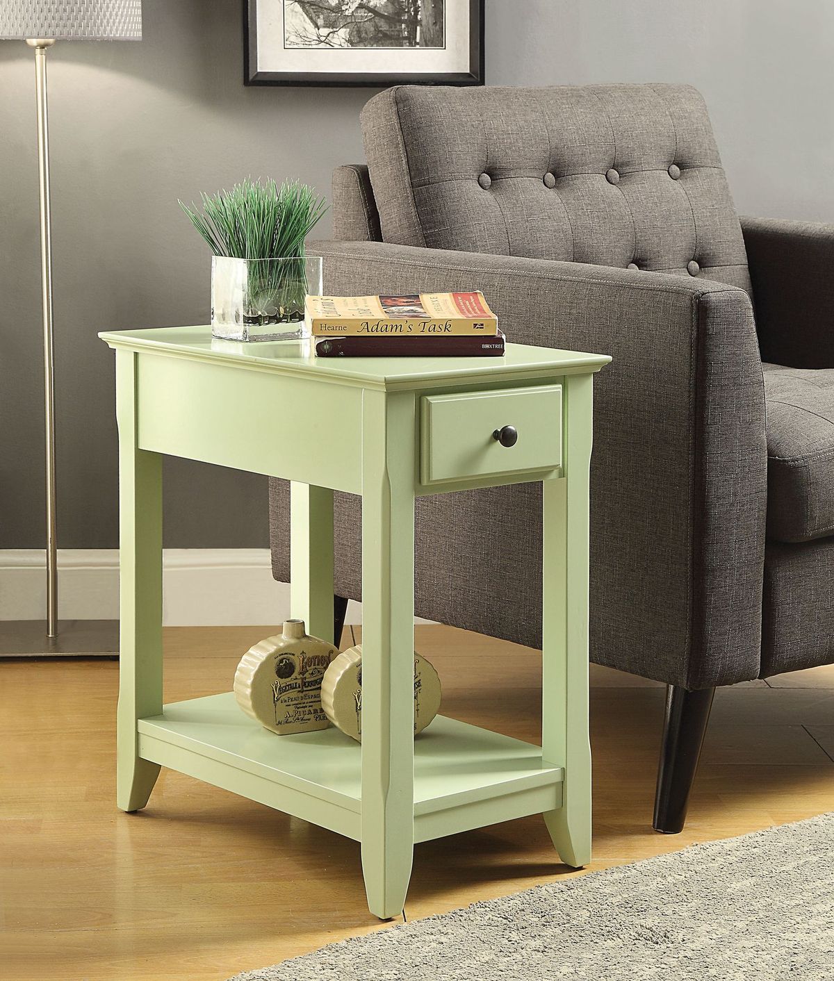 13" X 22" X 23" Light Green Wood Veneer Side Table