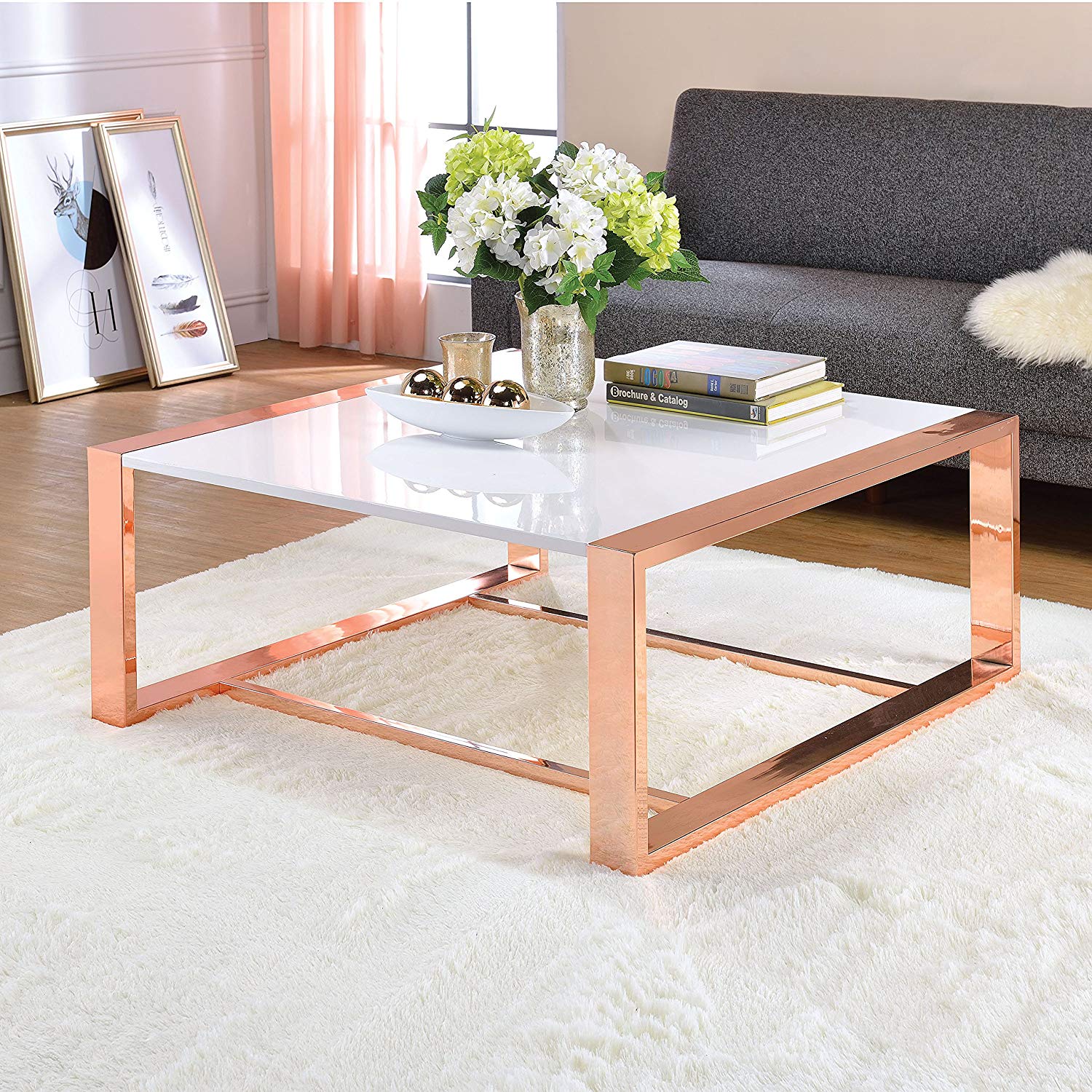 40" X 40" X 16" White High Gloss And Rose Gold Coffee Table