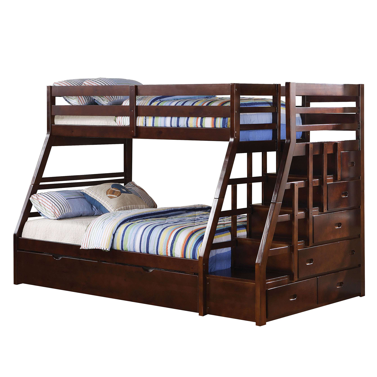 98" X 56" X 65" Espresso Pine Wood Bunk Bed (Twin/Full) with Trundle