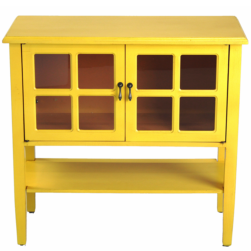 32" X 14" X 30" Yellow MDF Wood Clear Glass Console Cabinet with a Shelf Doors and Paned Inserts