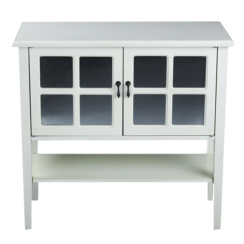 32" X 14" X 30" Antique White MDF Wood Mirrored Glass Console Cabinet with Doors and a Shelf