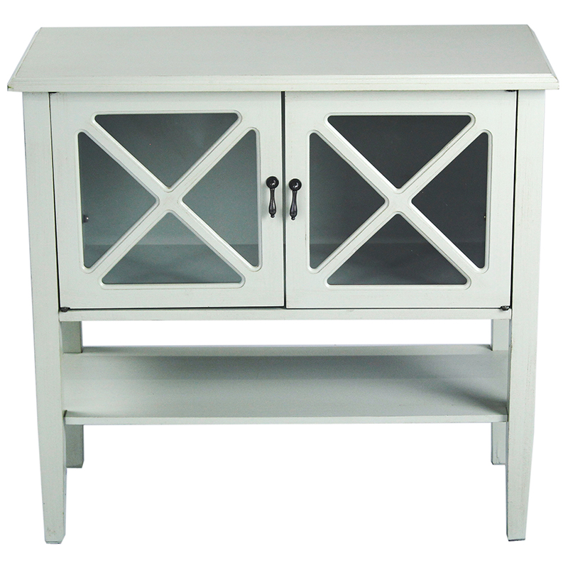 32" X 14" X 30" Light Sage MDF, Wood, Clear Glass Console Cabinet with Doors and a Shelf