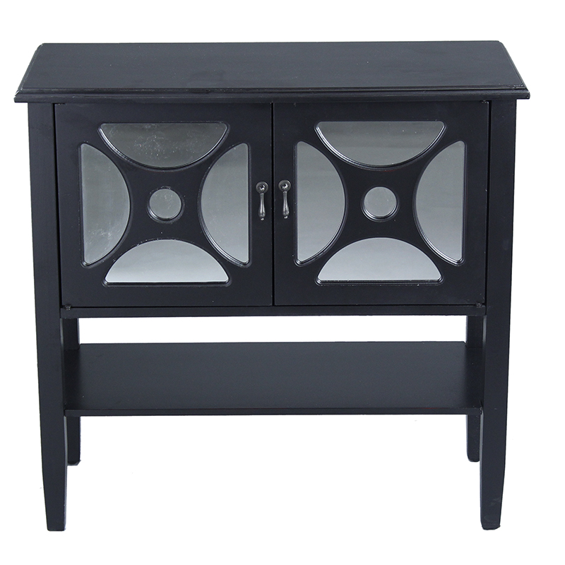 32" X 14" X 30" Black MDF Wood Mirrored Glass Console Cabinet with Doorsa Shelf and Link Inserts