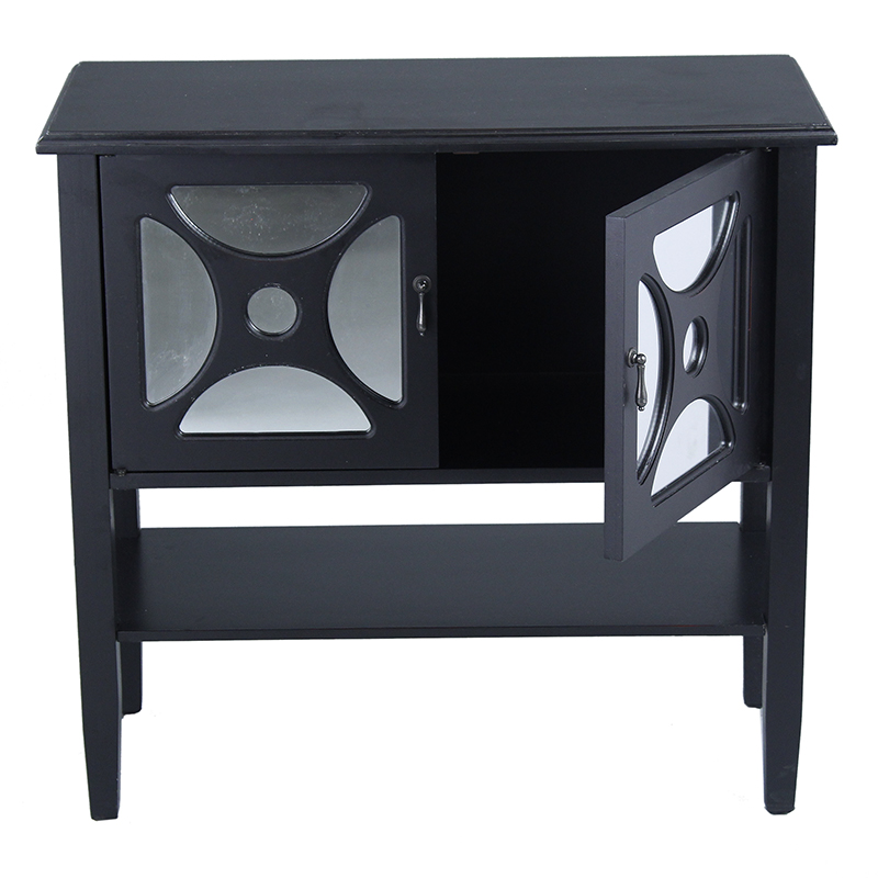 32" X 14" X 30" Black MDF Wood Mirrored Glass Console Cabinet with Doorsa Shelf and Link Inserts