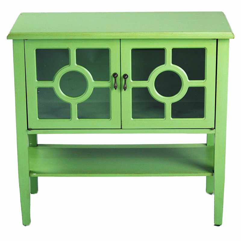 32" X 14" X 30" Green MDF Wood Clear Glass Console Cabinet with Doors and Shelf and Lattice Inserts