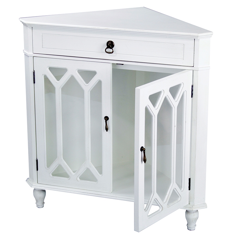 31" X 17" X 32" Antique White MDF Wood Clear Glass Corner Cabinet with a Drawer and Doors