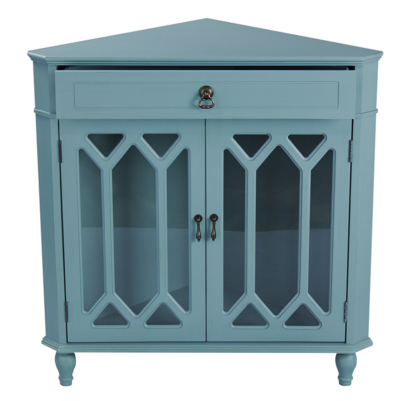 31" X 17" X 32" Turquoise MDF Wood Clear Glass Corner Cabinet with a Drawer and Doors