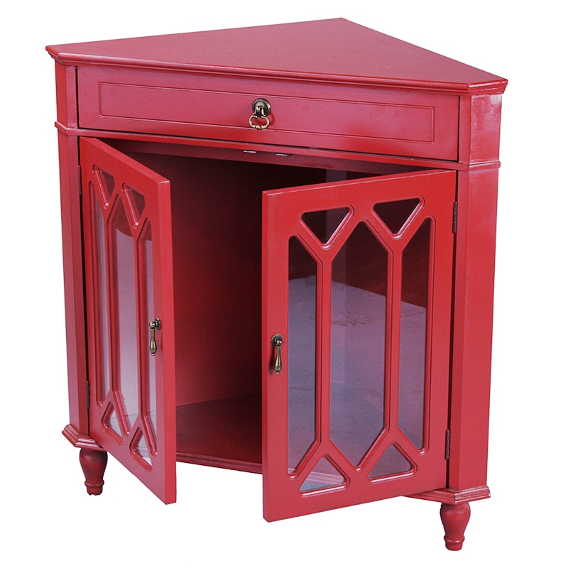 31" X 17" X 32" Red MDF Wood Clear Glass Corner Cabinet with a Drawer Doors and Hexagonal Inserts