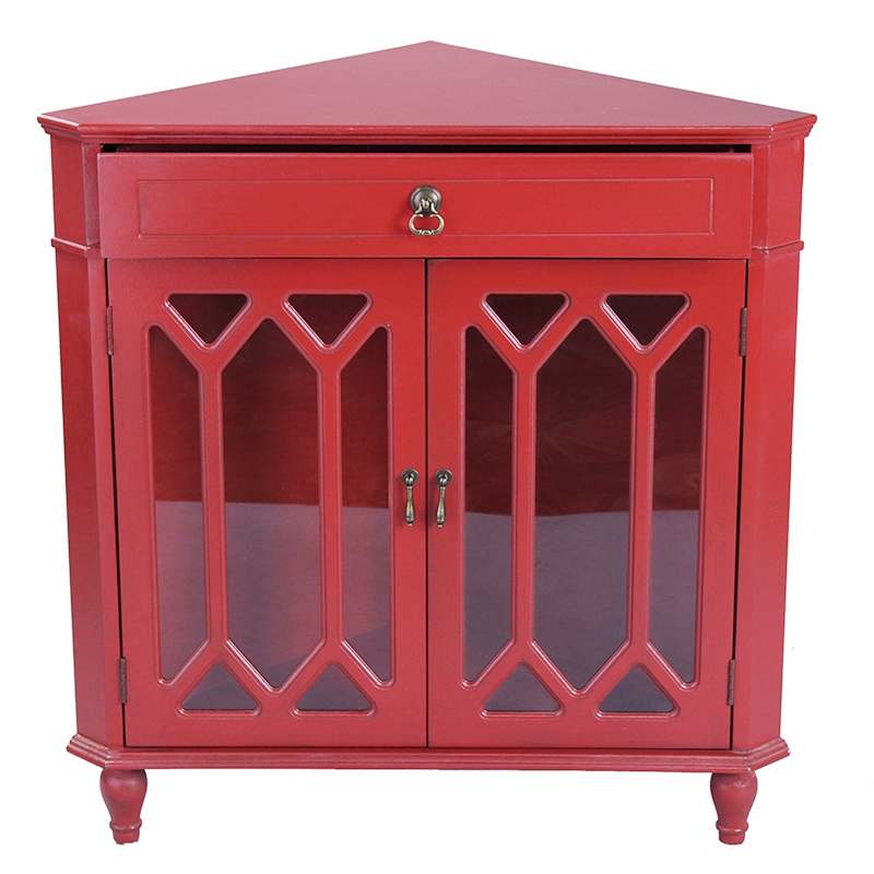 31" X 17" X 32" Red MDF Wood Clear Glass Corner Cabinet with a Drawer Doors and Hexagonal Inserts