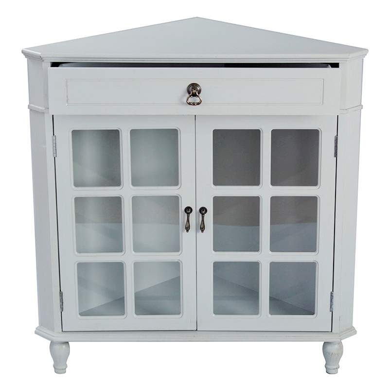 31" X 17" X 32" Light Sage MDF Wood Clear Glass Corner Cabinet with a Drawer and Doors