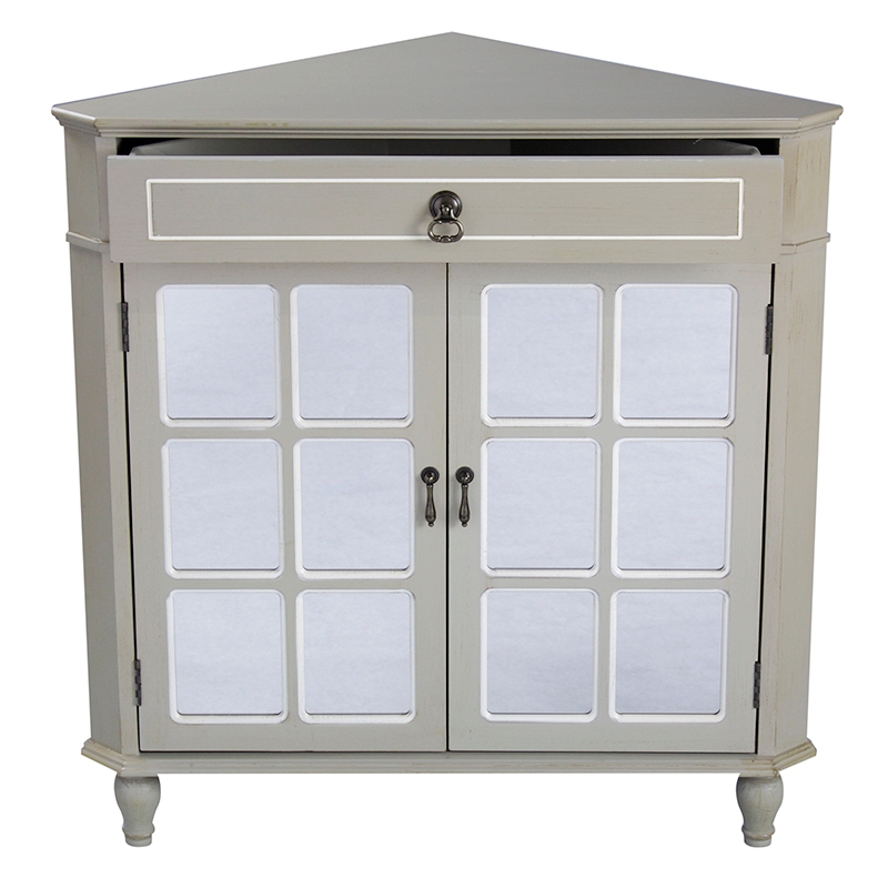 31" X 17" X 32" Taupe MDF Wood Mirrored Glass Corner Cabinet with a Drawer and Doors