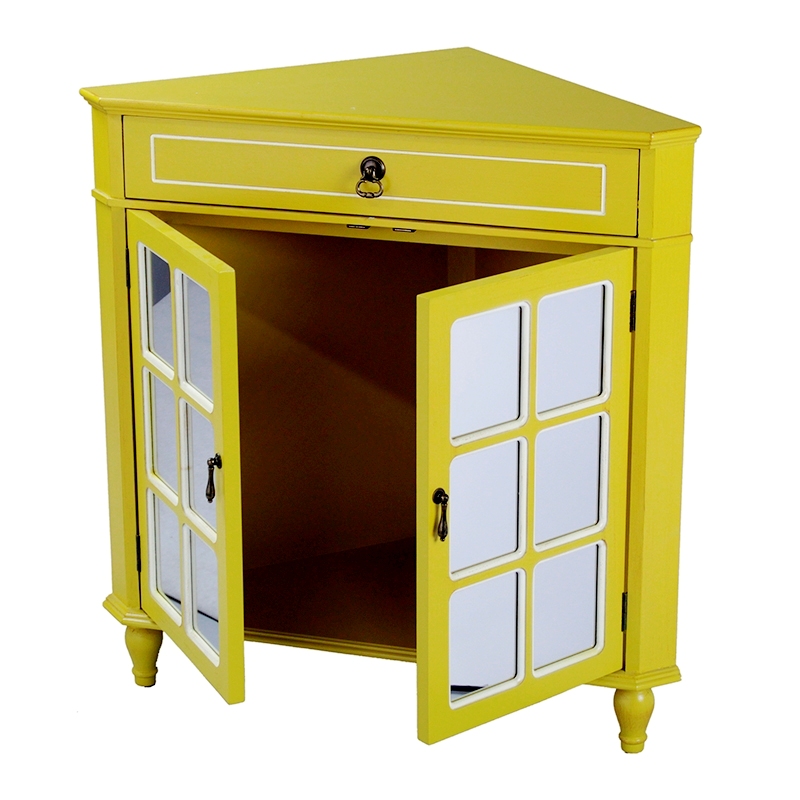 31" X 17" X 32" Yellow MDF Wood Mirrored Glass Corner Cabinet with a Drawer and Doors