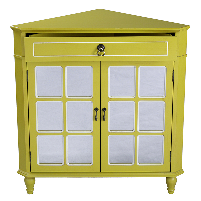 31" X 17" X 32" Yellow MDF Wood Mirrored Glass Corner Cabinet with a Drawer and Doors