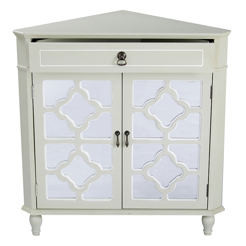 31" X 17" X 32" Beige MDF Wood Mirrored Glass Corner Cabinet with a Drawer and Doors